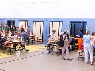 wide shot of guests at table