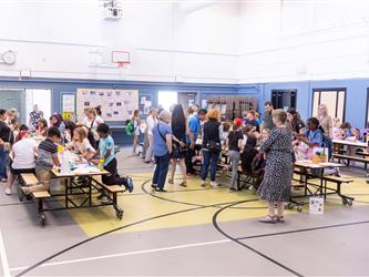 wide shot of guests at table